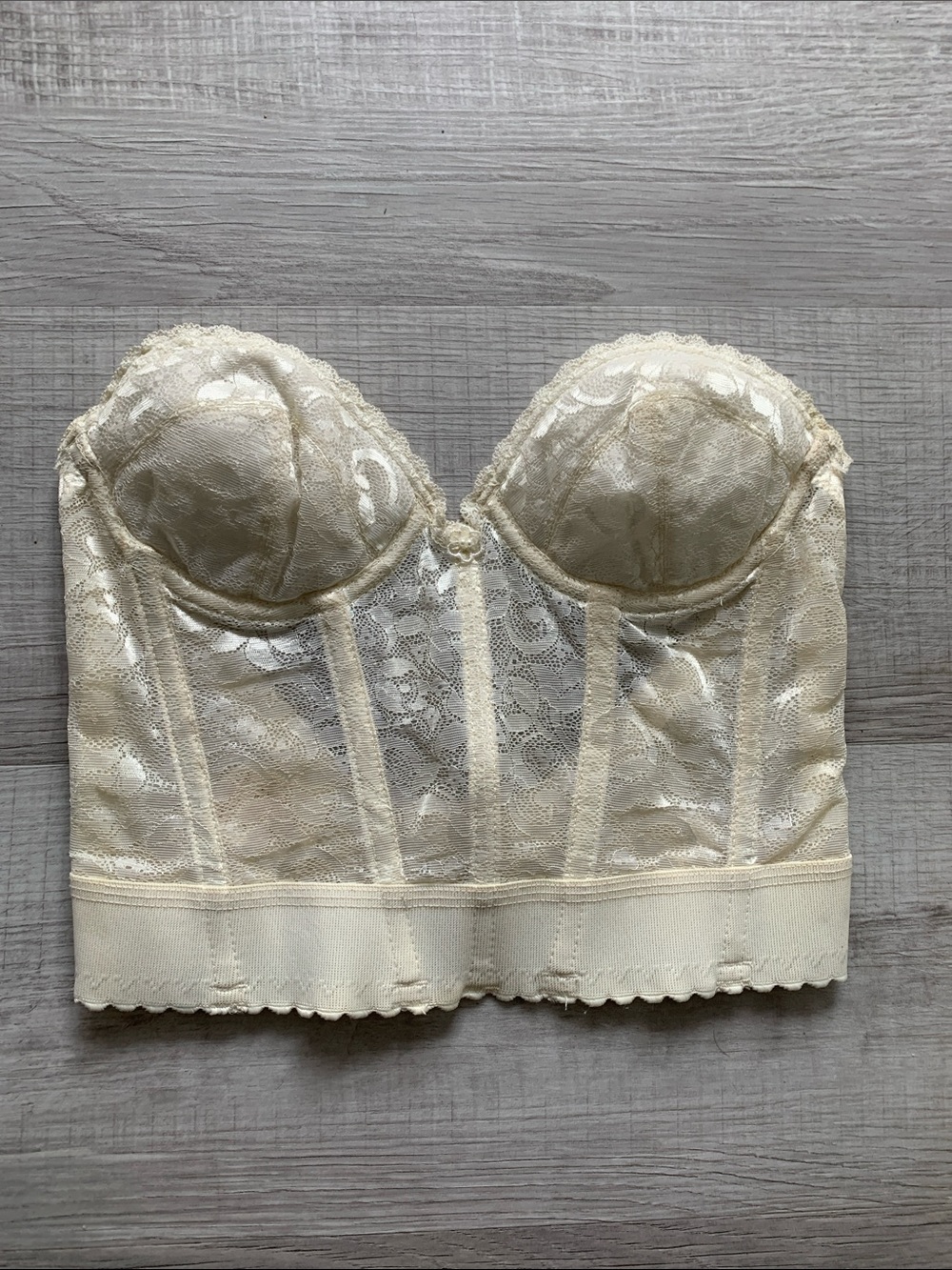 David's Bridal Vintage Ivory Lace Longline Bustier Bra, 32B.